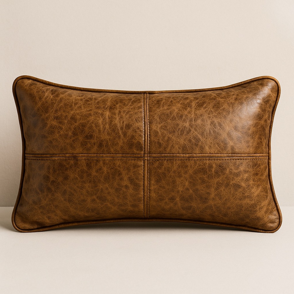 Cognac Brown Lambskin Leather Lumbar Pillow | Goose Feather Insert | Distressed